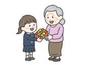 敬老の日に、祖母にプレゼントを渡す、制服を着た女の子の無料イラスト｜敬老の日