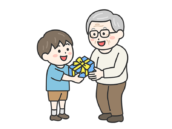 敬老の日に、祖父にプレゼントを渡す、男の子の無料イラスト｜敬老の日