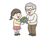 敬老の日に、祖母にプレゼントを渡す、男の子の無料イラスト｜敬老の日
