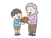 敬老の日に、祖母にプレゼントを渡す、男の子の無料イラスト｜敬老の日