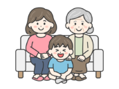 敬老の日に、祖母と母と家族写真を撮る、男の子の無料イラスト｜敬老の日