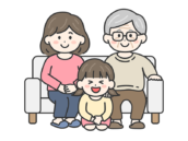 敬老の日に、祖父と母と家族写真を撮る、女の子の無料イラスト｜敬老の日