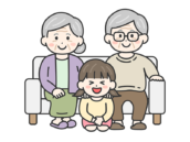 敬老の日に、ソファで祖父母と写真を撮る、女の子の無料イラスト｜敬老の日