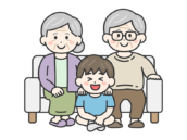 敬老の日に、ソファで祖父母と写真を撮る、男の子の無料イラスト｜敬老の日