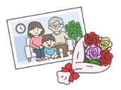 敬老の日に、祖父と母と孫の男の子と撮影した、家族写真の無料イラスト｜敬老の日
