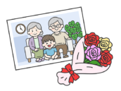 敬老の日に、祖父母と孫の男の子と撮影した、家族写真の無料イラスト｜敬老の日