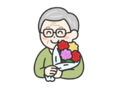 敬老の日に、花束をプレゼントされた、笑顔の祖父の無料イラスト｜敬老の日