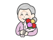 敬老の日に、花束をプレゼントされた、笑顔の祖母の無料イラスト｜敬老の日