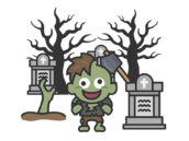 墓地にいる、斧が刺さったゾンビのキャラクター（線画カラー）の無料イラスト｜透過PNG・商用利用OK