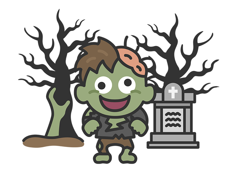 墓地にいる、ゾンビのキャラクター(線画カラー)の無料イラスト|透過PNG・商用利用OK