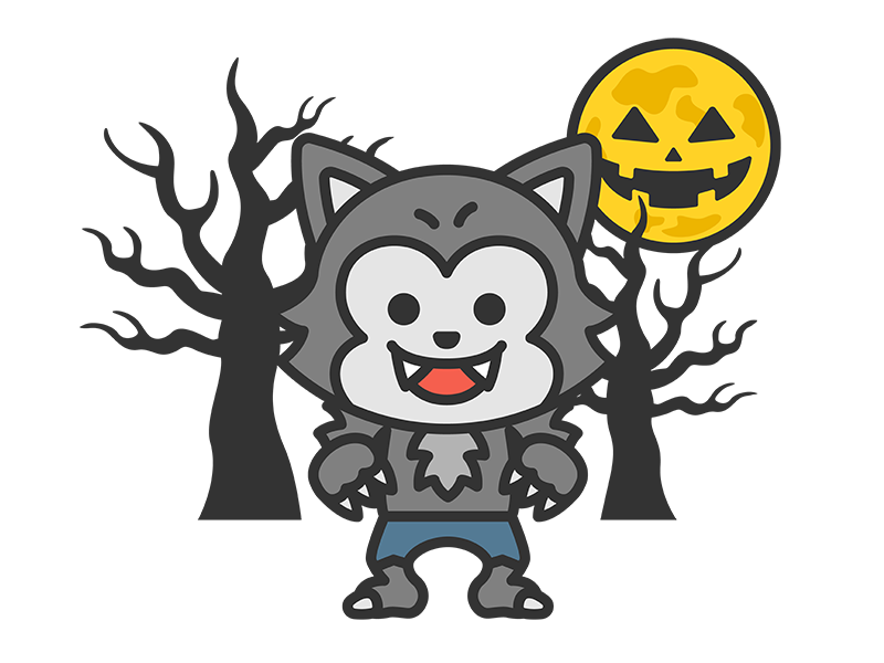 狼男のキャラクターと、ハロウィンの月(線画カラー)の無料イラスト|透過PNG・商用利用OK