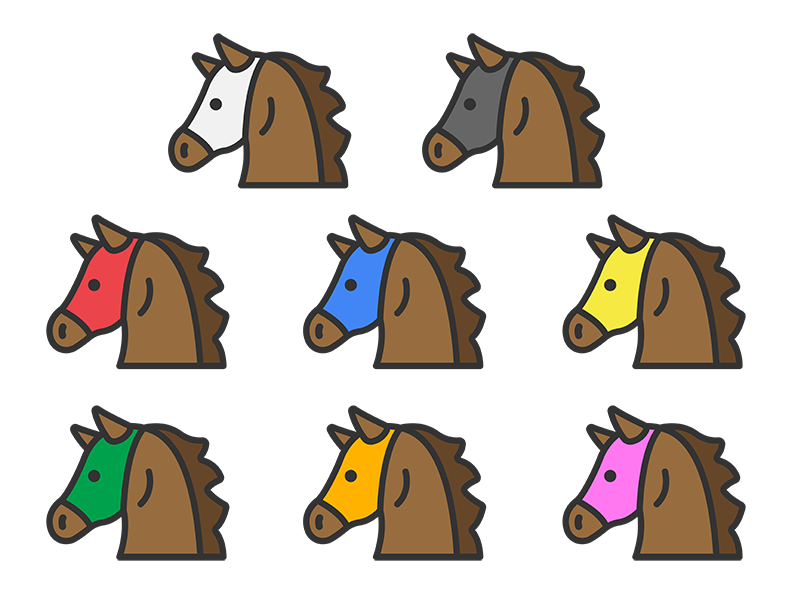 色別のマスクを付けた、競走馬の横顔のアイコン(線画カラー)の無料イラストセット