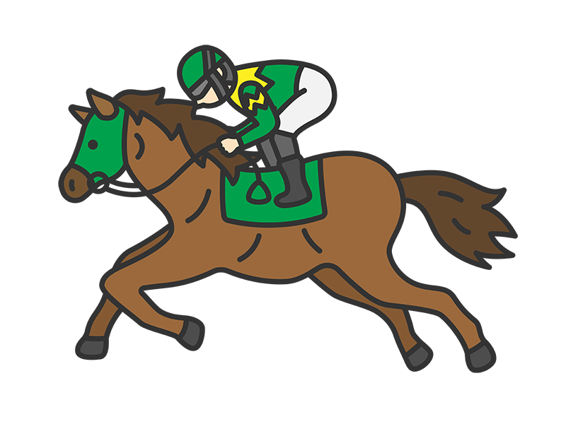 横から見た、走っている、マスクを付けた競走馬(線画カラー)の無料イラスト|透過PNG・商用利用OK