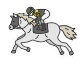 走っている、マスクを付けた芦毛の競走馬（線画カラー）の無料イラスト｜透過PNG・商用利用OK