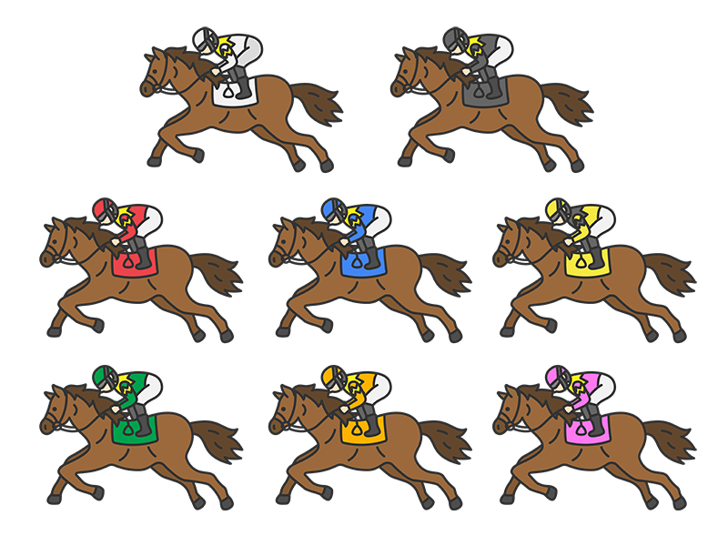 枠番別の競走馬(線画カラー)の無料イラストセット|透過PNG・商用利用OK