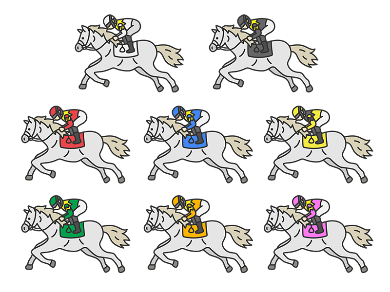 枠番別の、芦毛の競走馬(線画カラー)の無料イラストセット|透過PNG・商用利用OK