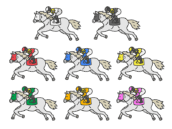 枠番別の、マスクを付けた、芦毛の競走馬（線画カラー）の無料イラストセット｜透過PNG・商用利用OK
