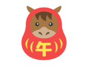 午の文字が入った、達磨の衣装を着た、馬のキャラクター無料イラスト｜午年素材