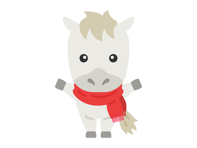 マフラーをつけた、白馬のキャラクターの無料イラスト|午年素材・商用利用可フリー素材(透過PNG)