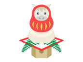 鏡餅にのせた、達磨の衣装を着た、白馬のキャラクターの無料イラスト｜午年