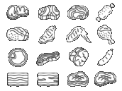 いろいろな種類の肉のアイコン（線画）の無料イラストセット｜透過PNG・商用利用OK