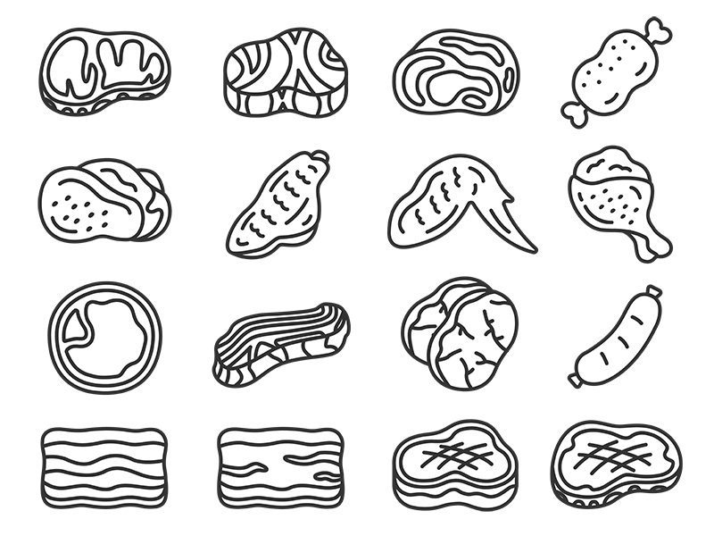 いろいろな種類の肉のアイコン(線画)の無料イラストセット|透過PNG・商用利用OK