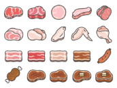 いろいろな種類の肉のアイコン（線画カラー）の無料イラストセット｜透過PNG・商用利用OK