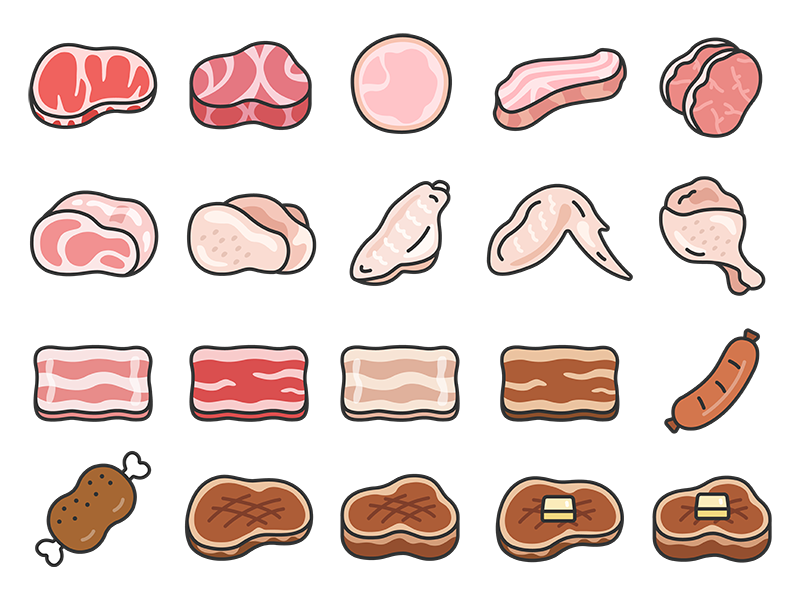 いろいろな種類の肉のアイコン(線画カラー)の無料イラストセット|透過PNG・商用利用OK