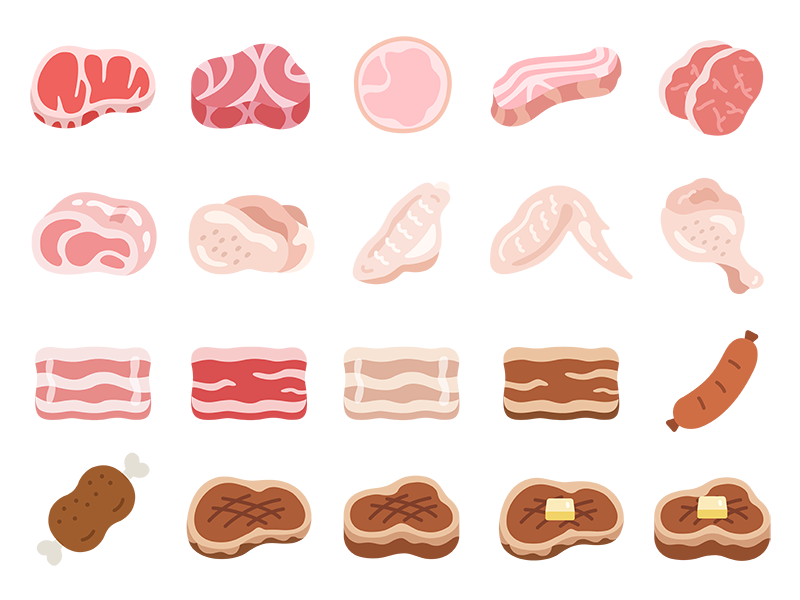 いろいろな種類の肉のアイコンの無料イラストセット|透過PNG・商用利用OK