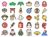 いろいろな、正月アイコン（線画カラー）の無料イラストセット｜透過PNG・商用利用OK