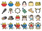 いろいろな、節分のアイコン（線画カラー）の無料イラストセット