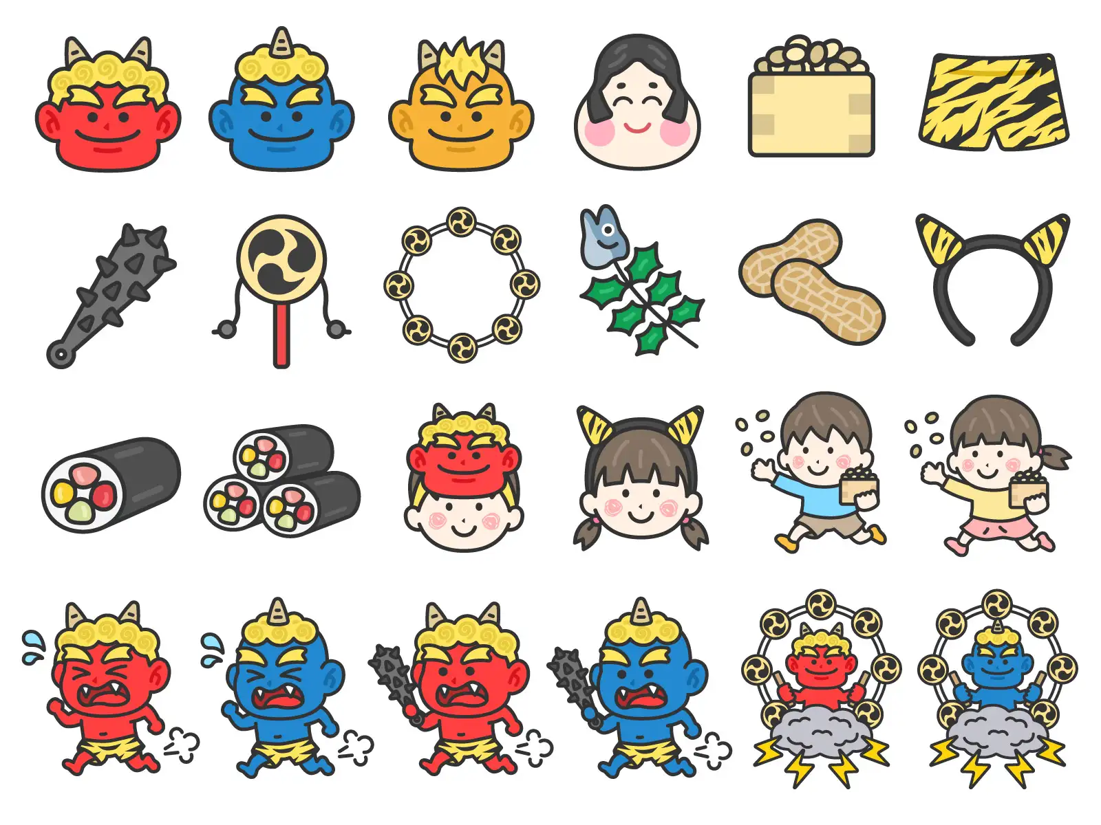 いろいろな、節分のアイコン(線画カラー)の無料イラストセット