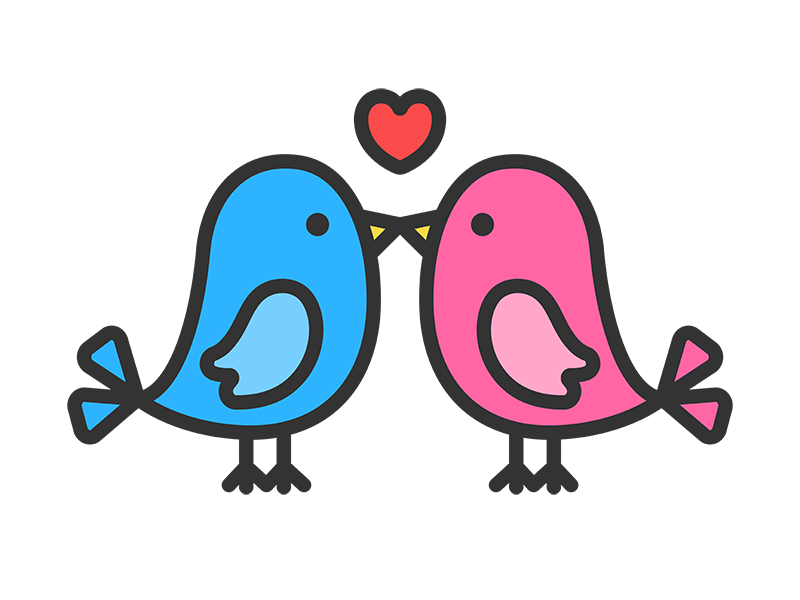 キスをする小鳥のアイコン（線画カラー）の無料イラスト｜透過PNG・商用利用OK