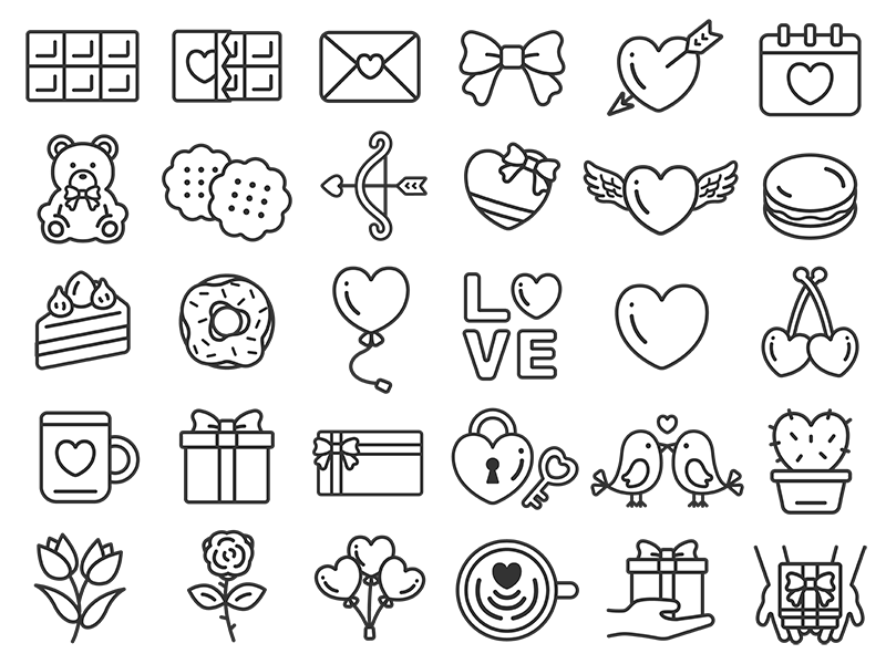豪華版！バレンタインデーのスペシャルアイコン（線画）の無料イラストセット｜透過PNG・商用利用OK
