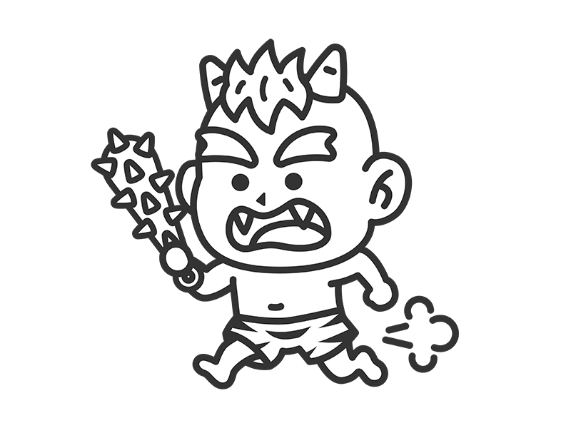 金棒を持って追いかける、黄鬼（線画）の無料イラスト｜透過PNG・商用利用OK