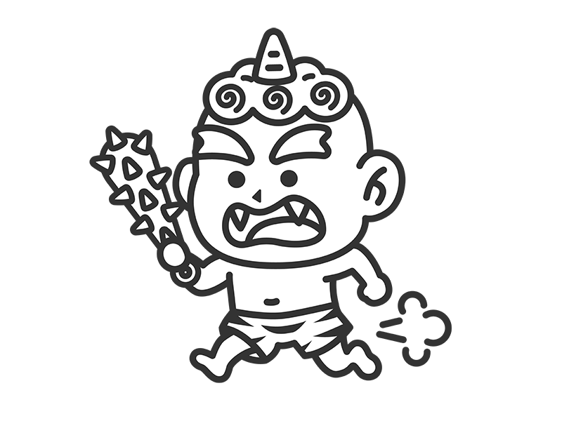金棒を持って追いかける、青鬼（線画）の無料イラスト｜透過PNG・商用利用OK