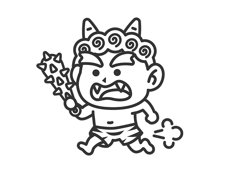 金棒を持って追いかける、赤鬼（線画）の無料イラスト｜透過PNG・商用利用OK