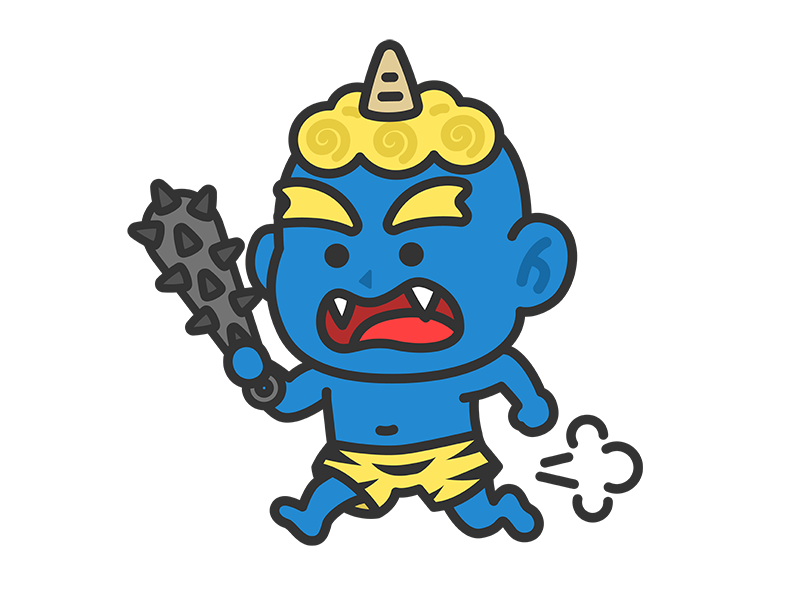 金棒を持って追いかける、青鬼（線画カラー）の無料イラスト｜透過PNG・商用利用OK