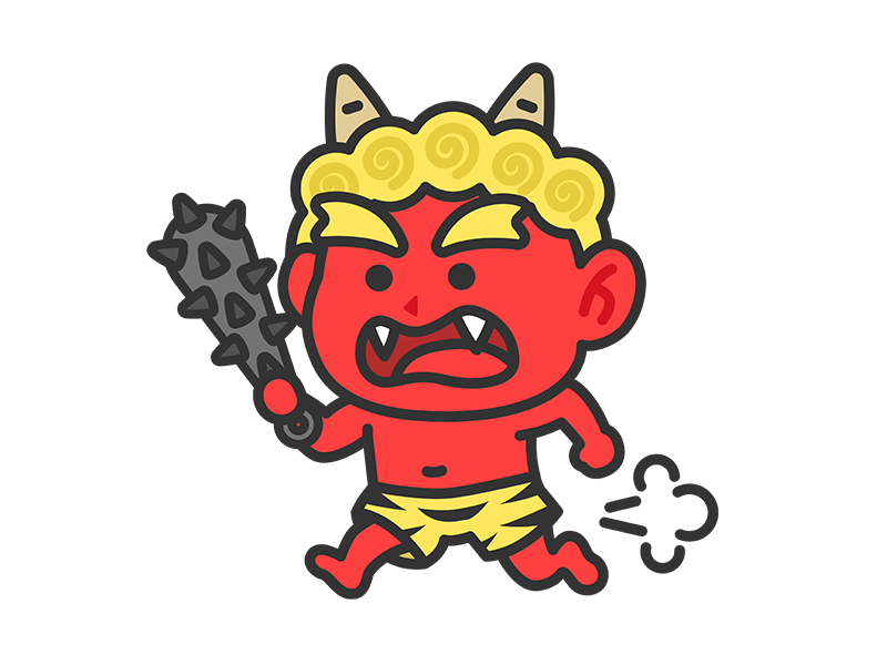 金棒を持って追いかける、赤鬼（線画カラー）の無料イラスト｜透過PNG・商用利用OK