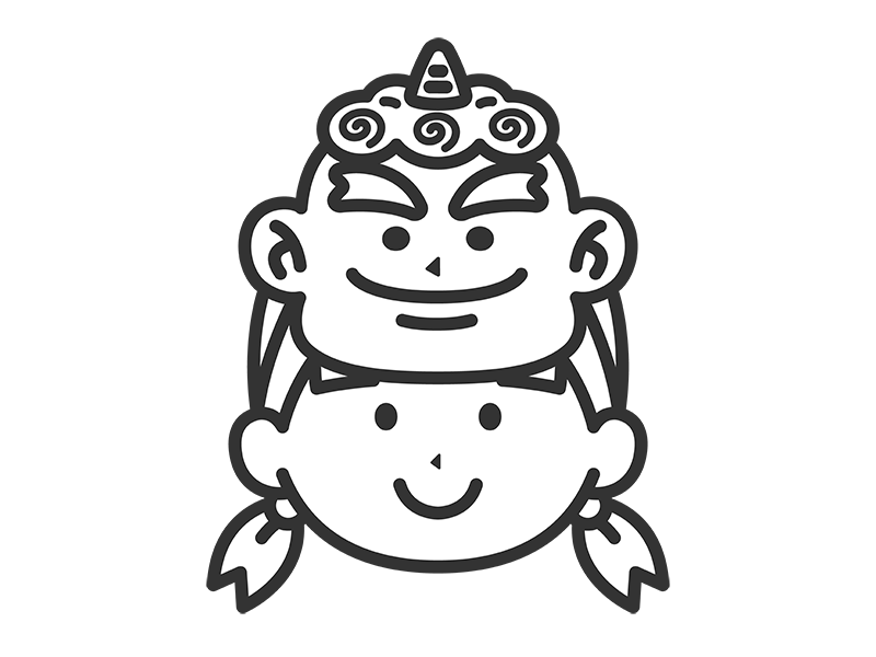 1本角の鬼のお面をつけた、女の子のアイコン（線画）の無料イラスト｜透過PNG・商用利用OK