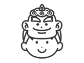 1本角の鬼のお面をつけた、男の子のアイコン（線画）の無料イラスト｜透過PNG・商用利用OK