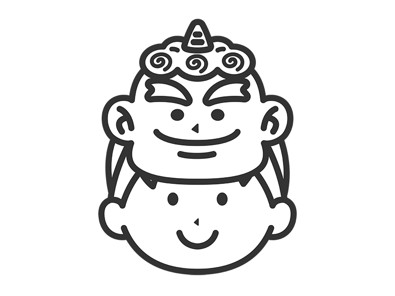 1本角の鬼のお面をつけた、男の子のアイコン（線画）の無料イラスト｜透過PNG・商用利用OK