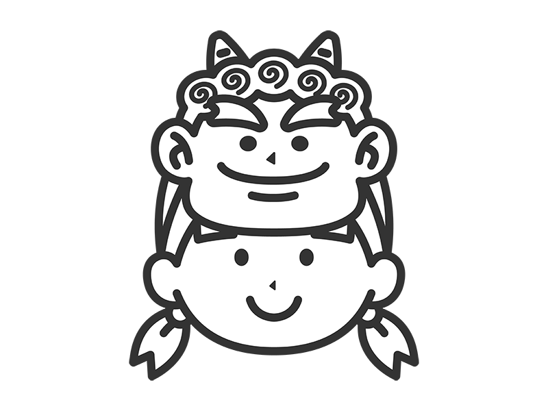 2本角の鬼のお面をつけた、女の子のアイコン（線画）の無料イラスト｜透過PNG・商用利用OK