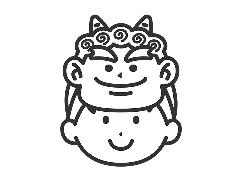2本角の鬼のお面をつけた、男の子のアイコン（線画）の無料イラスト｜透過PNG・商用利用OK