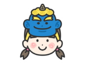青鬼のお面をつけた、女の子のアイコン（線画カラー）の無料イラスト｜透過PNG・商用利用OK