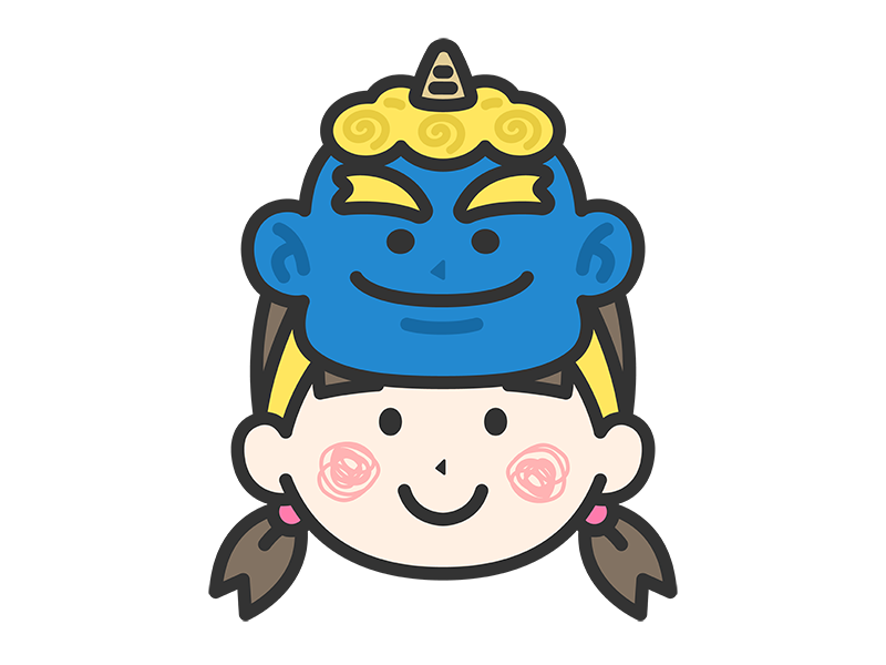 青鬼のお面をつけた、女の子のアイコン（線画カラー）の無料イラスト｜透過PNG・商用利用OK