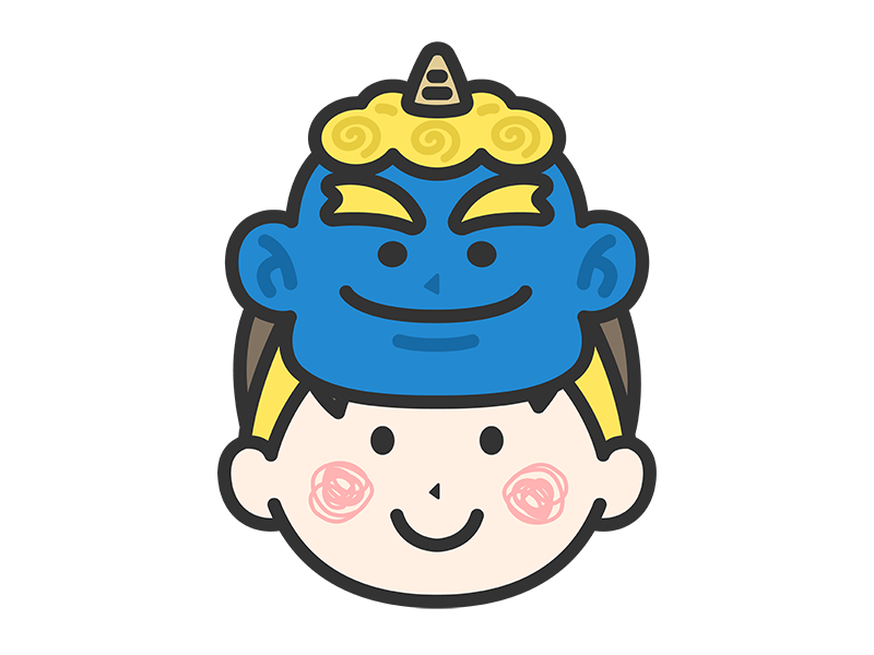 青鬼のお面をつけた、男の子のアイコン（線画カラー）の無料イラスト｜透過PNG・商用利用OK