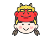 赤鬼のお面をつけた、女の子のアイコン（線画カラー）の無料イラスト｜透過PNG・商用利用OK