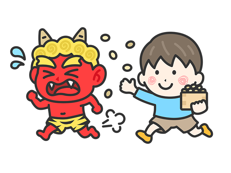 Free illustration of a boy icon (line drawing color) confronting a red demon