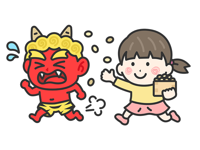 Free illustration of a girl icon (line drawing color) confronting a red demon